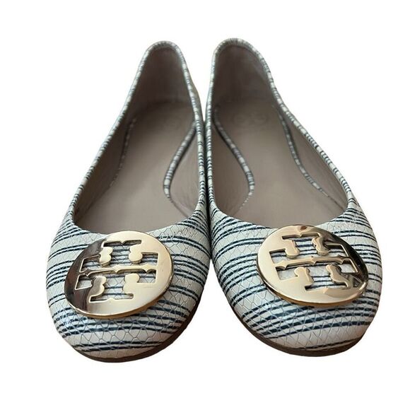 Tory Burch Reva Stripe Ballet Flat Beige Blue Snakeskin Size 8 - Picture 3 of 9